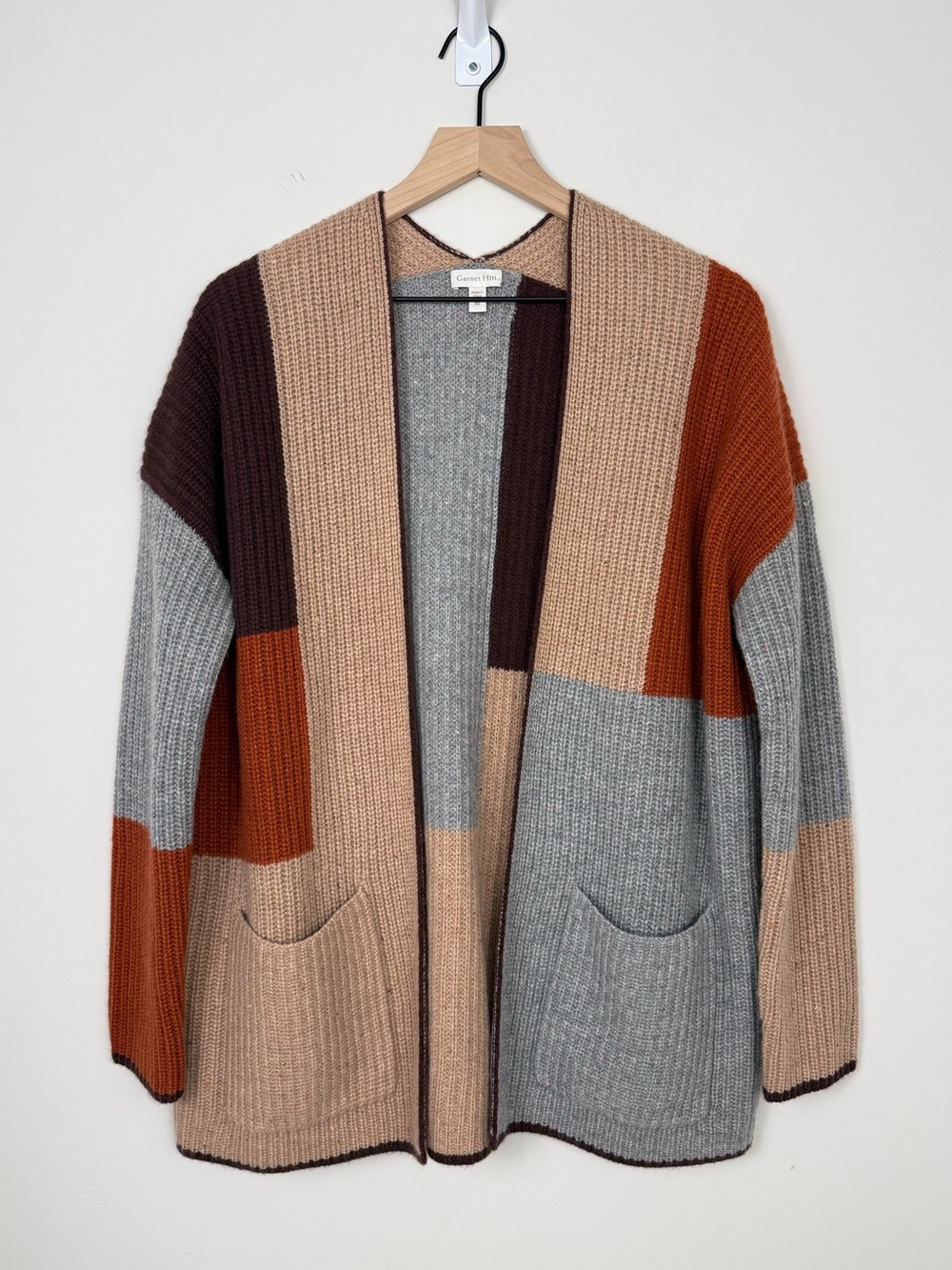 Garnet Hill 100% Cashmere Color Block Tunic Cardigan Sweater Ribbed Patchwork XS